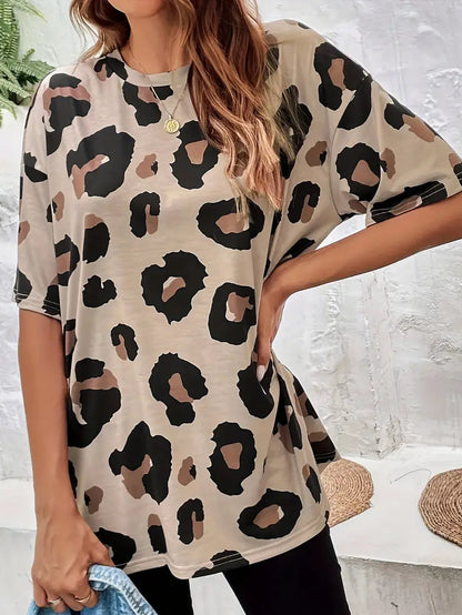 Women's Loose Leopard Print Round Neck T-shirt | Ideal for Spring/Summer