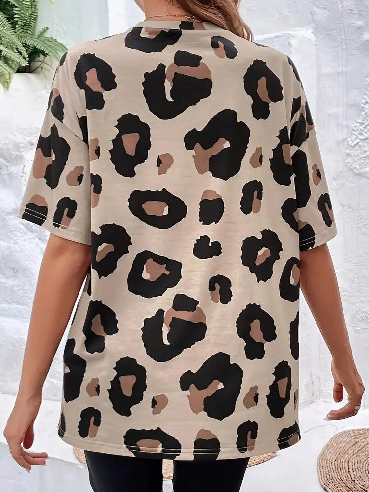 Women's Loose Leopard Print Round Neck T-shirt | Ideal for Spring/Summer