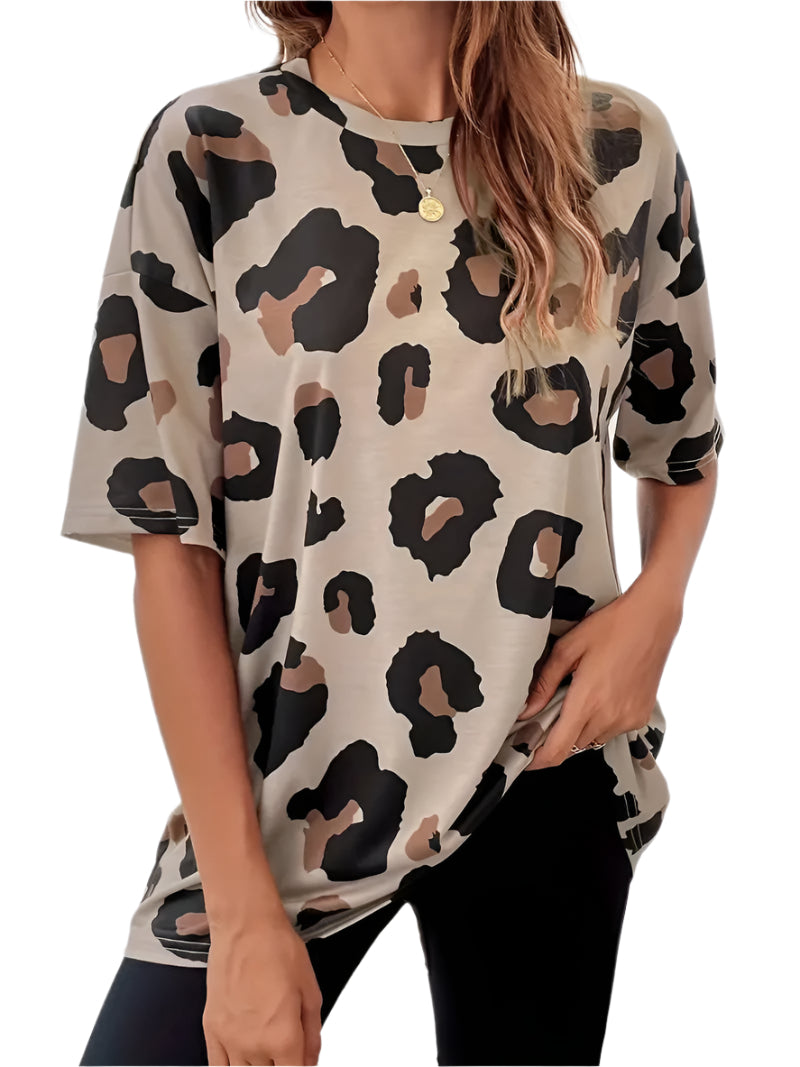 Women's Loose Leopard Print Round Neck T-shirt | Ideal for Spring/Summer